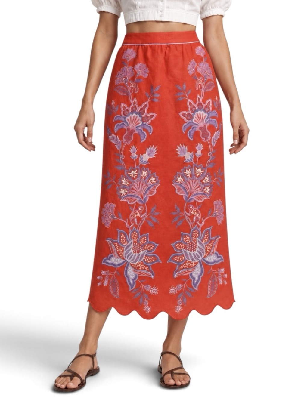 FARM Rio Porcelain Garden Floral Linen Midi Skirt Scalloped Hem Sz Small
